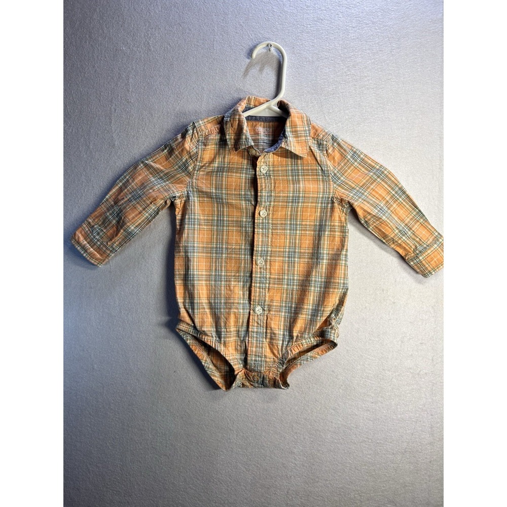 OshKosh B'gosh Boys 18M Orange Plaid Long Sleeve Cotton Button Bodysuit